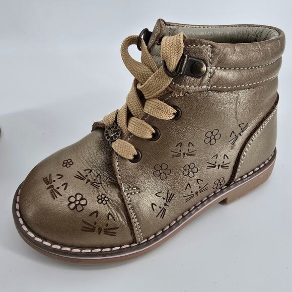 AndaNeNes Girls Bronze High Top Lace Up Leather Upper Cat & Flower Boots 10C - Picture 6 of 9